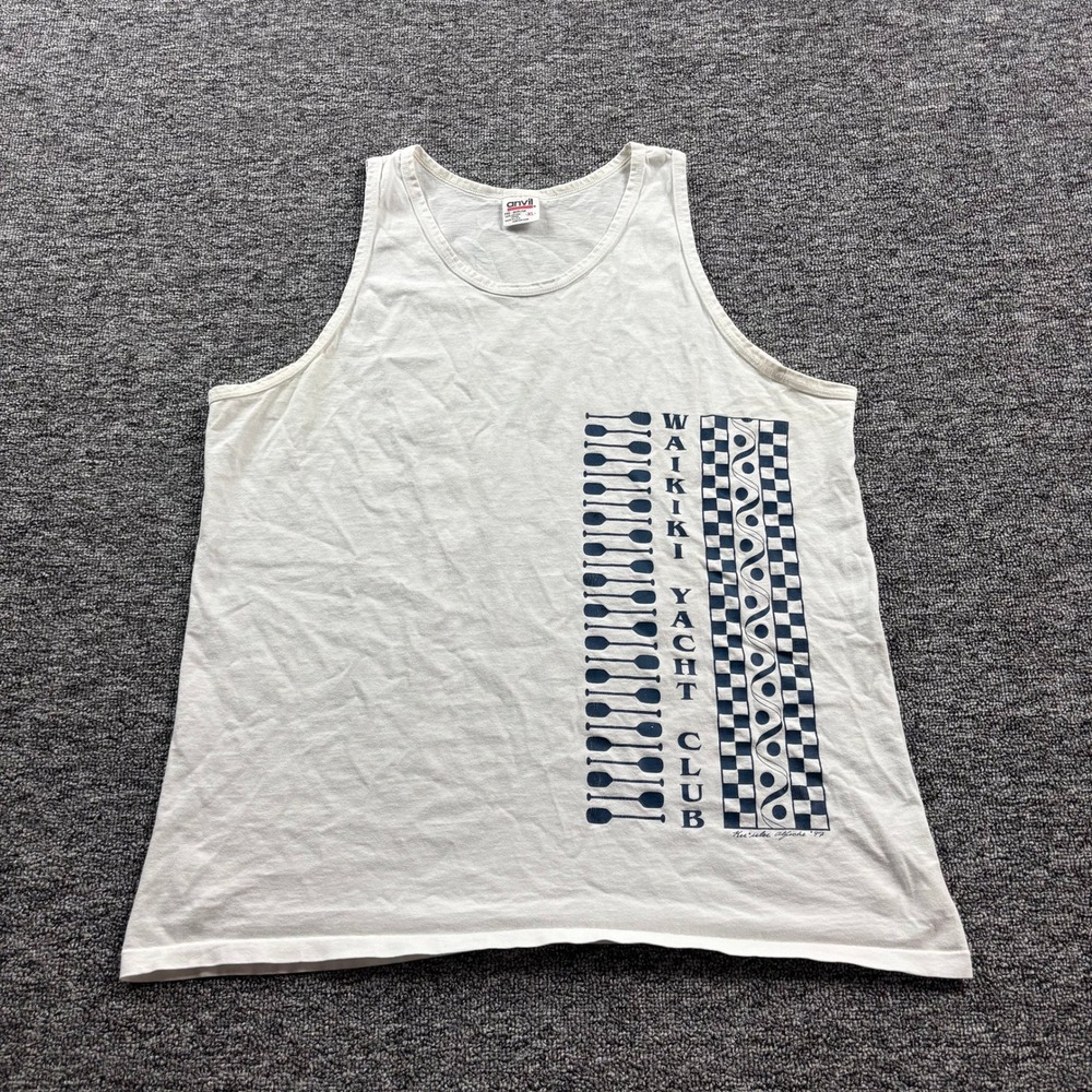 Vintage 1997 Anvil Waikiki Hawaii Yacht Club Graphic White Tank Top Size XL